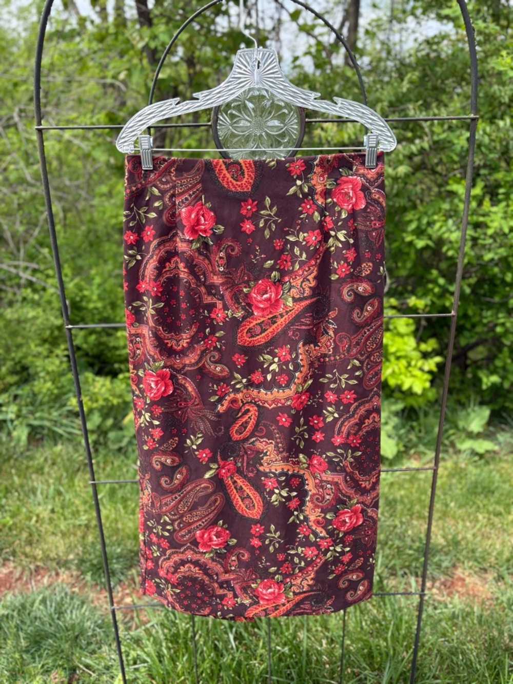 Vintage Briggs New York Brown Midi Skirt Red Floral Print Paisley Women Size 12 - Picture 3 of 14
